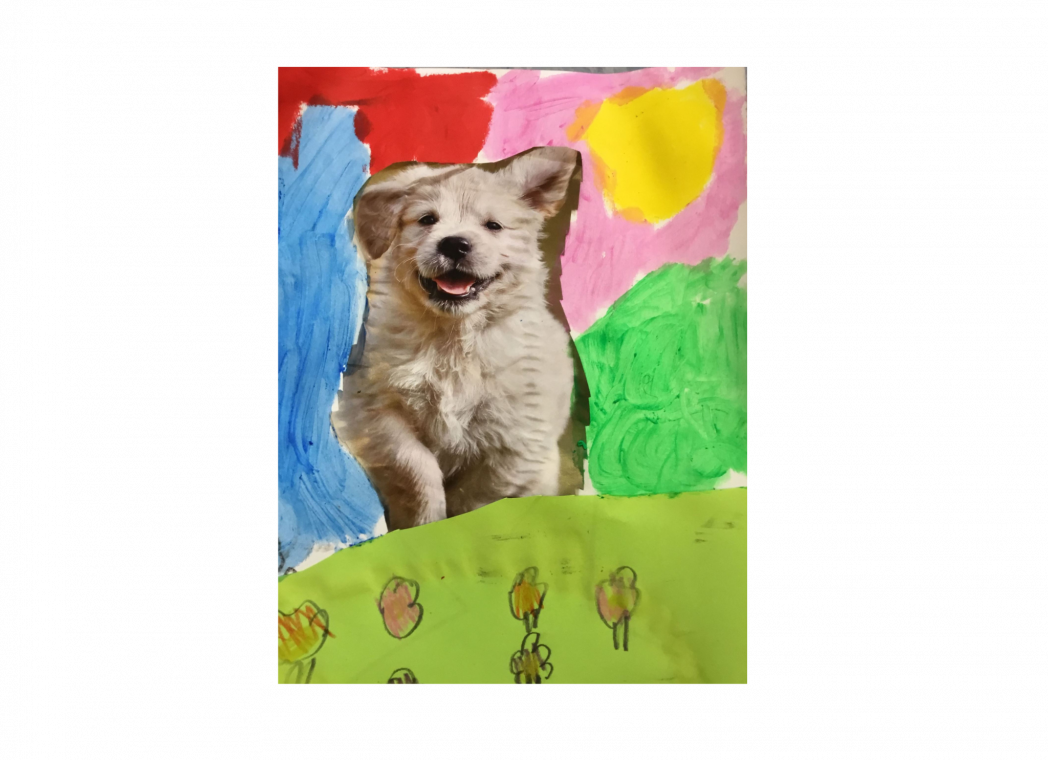 A collage created by a child of a picture of a puppy running in a field of flowers created with markers.